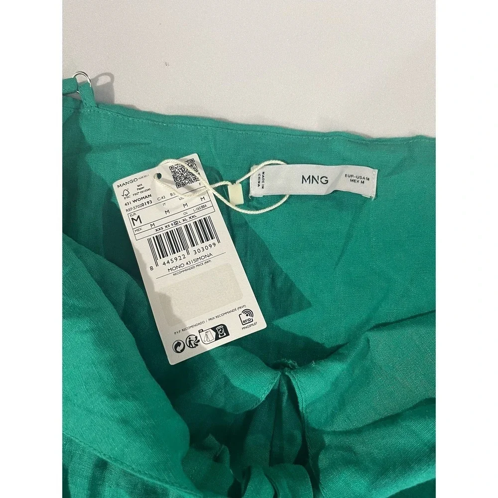 New MNG Mango Kelly Green Bow Linen Blend Jumpsuit Sz Medium (US) Tropical Beach